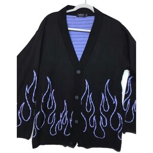 BoohooMAN Sweater Mens Small Black Purple Flame Graphic Knit Cardigan Button